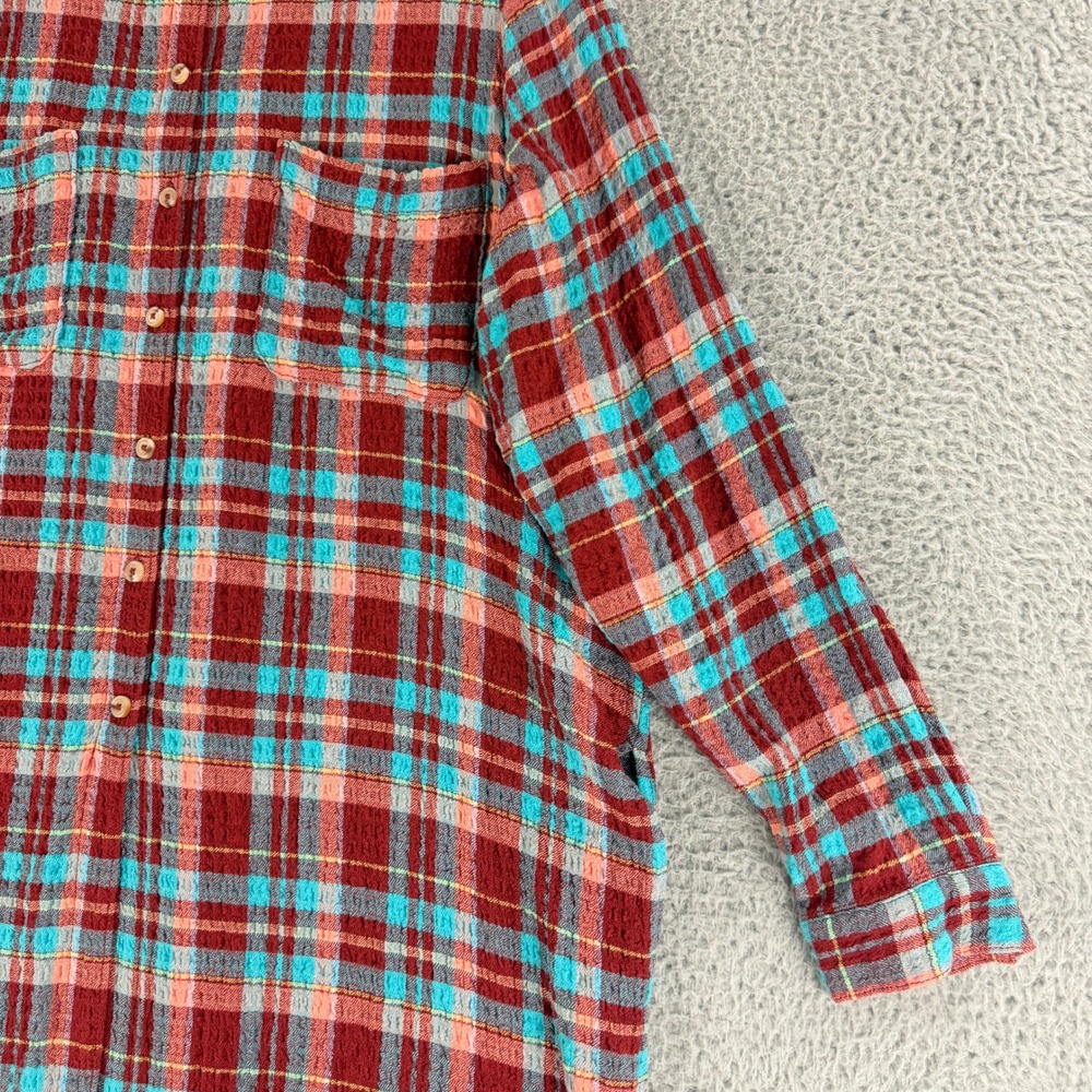 Pilcro Shirt Dress Women Medium Red Turquoise Plaid Crinkle Midi Tunic OB1609132 - Picture 3 of 14